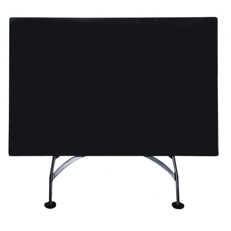 Black flat-screen TV on a stand with a white background