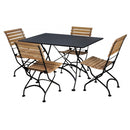Outdoor furniture set with a black table and wooden chairs on a white background