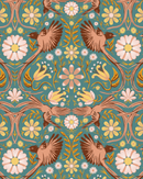 Folkie Birdie Wallpaper, dusty teal, peach and rust