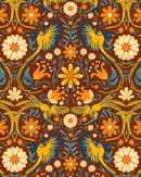 Folkie Birdie Wallpaper, rust, marigold and blue