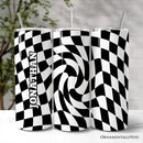 Black and White Checkerboard Swirl 20oz Personalized Tumbler With Lid and Stainless Steel Straw, Retro Optical Illusion Gift Cup