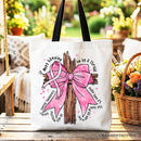 Breast Cancer Pink Bow Cross Tote Bag, Awareness Faith Christian Gift Shopper
