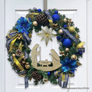 Decorous Nativity Christmas Wreath, Blue and Gold Ribbons and Poinsettias Birth of Christ Door Decoration