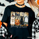 Fall Spooky Season Brushstroke T-Shirt, Coquette Vintage Ghost, Cat and Pumpkin Tee