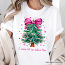 Glitter Christmas Tree Coquette Bow T‑Shirt, O Come Let Us Adore Him Holiday Tee