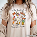 Last Day Teacher Goose T-Shirt, Tropical Summer Break Navy, White, and Natural Tee for Fun and Quirky Educators