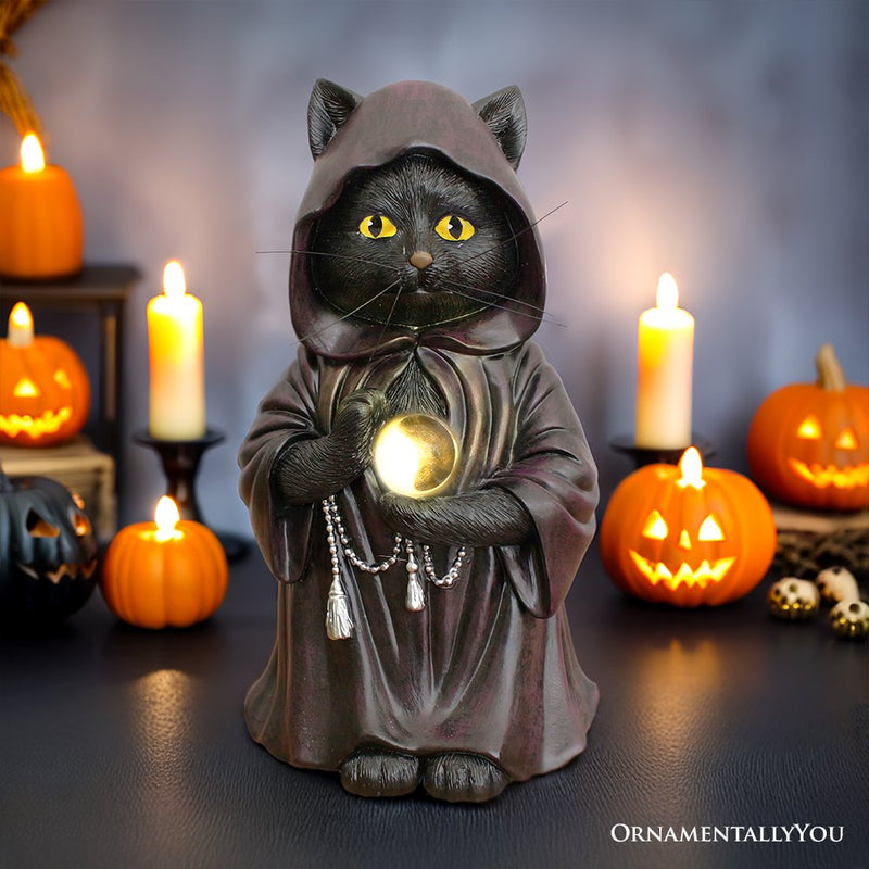 Ominous Black Cat Wizard Figurine, 7" Solar Light Gothic Yard Statue Decor