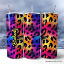Vibrant Neon Leopard Print 20oz Personalized Tumbler With Lid and Stainless Steel Straw, Retro Rainbow Animal Pattern Gift Cup