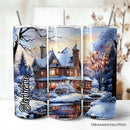 Watercolor Snowy Victorian Mansion Painting 20oz Personalized Tumbler With Lid and Stainless Steel Straw, Cozy Winter Estate Gift Cup