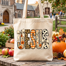 Jesus Coquette Fall Tote Bag, Leopard Plaid Floral Christian Faith Gift Shopper