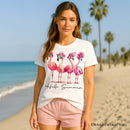 Flamingo Hello Summer T-Shirt, White and Natural Retro Tee with Tropical Birds