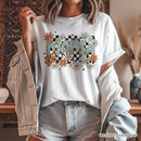 Floral Mama Checkered T-Shirt, White, Natural and Black Retro Tee for Stylish Mothers