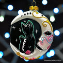 Folkloric Siamese Cat Sugar Skull Glass Ornament, Celestial Crescent Moon Halloween Decor