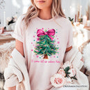 Glitter Christmas Tree Coquette Bow T‑Shirt, O Come Let Us Adore Him Holiday Tee