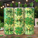 Green Shamrock Bow Pattern 20oz Personalized Tumbler With Lid and Stainless Steel Straw, Coquette St Patrick Gift Cup