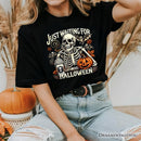 Just Waiting for Halloween T-Shirt, Spooky Skeleton Tee for Autumn Season