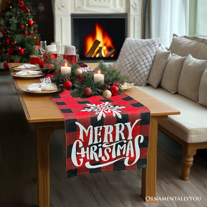 Plaid Merry Christmas 72" Jacquard Table Runner, High Quality Holiday Rectangle Tablecloth Decoration