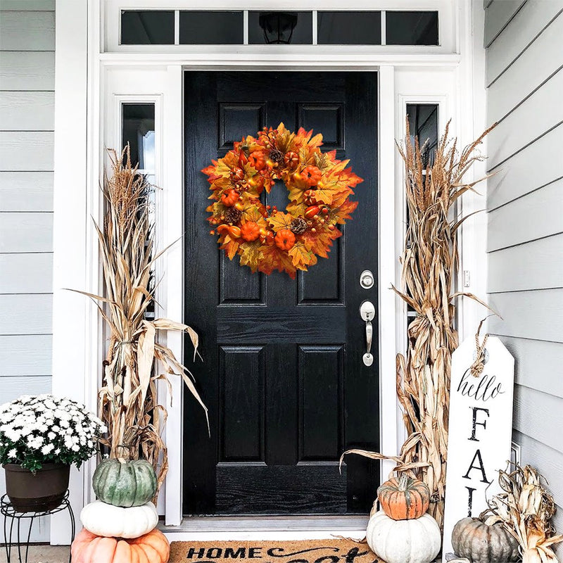 Rustic Harvest Illuminated 24" Fall Wreath, Lighted with Maple Leafs, Pinecones, Pumpkins and Autumn Berries