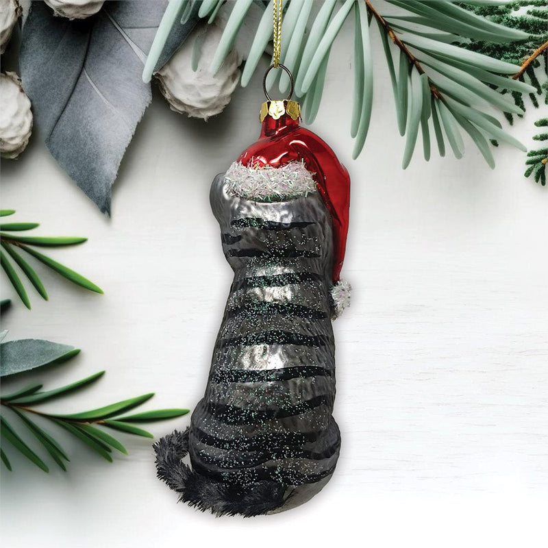 Tabby Cat with Santa Hat Glass Christmas Ornament