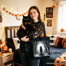 Haunted Forest Black Cat Tote Bag, Spooky Halloween Night Gift Shopper