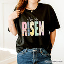 He Is Risen Printed Faux Embroidered Christian T-Shirt, Cute Religious Flowers Tee