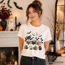 Bookish Ghosts Reading T-Shirt, Checkered Halloween Witch Cat Tee
