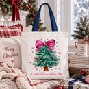 Glitter Christmas Tree Coquette Bow Tote Bag, O Come Let Us Adore Him Holiday Gift Shopper