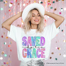 Saved By His Grace Printed Faux Sequin Christian T-Shirt, Religious Love Tee
