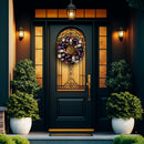 Creep and Glitter Spooky Wreath with Skeleton Skull Baubles, Black, Maroon and Gold Colors with Shiny Glitter