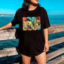 Frankenstein's Beach Vacation T-Shirt, Retro Neon Surf Style Tee for Horror Fans with Summer Vibes