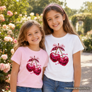 Kids Sequin Pink Cherry Heart Valentine T-Shirt, Mood for Love Coquette Tee for Youth Girls
