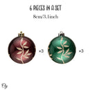 Majestic Gold Glittered Floral Bauble Christmas Ornament Set, 6 Pieces of Maroon and Green Round Tree Balls