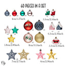 Premium Christmas Ornament Eclectic Bundle Set, 60 Glitter Filled Baubles, Homes, Star Charms