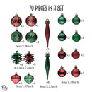 Sophisticated Red and Green Saturated Ornament Ball Bundle Set, Refined Forest Nature Glittered Patterns on Baubles, 70 Pieces