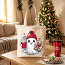 Cute Ghost Christmas Tote Bag, Adorable Gingerbread and Cocoa Holiday Gift Shopper