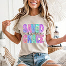 Saved By His Grace Printed Faux Sequin Christian T-Shirt, Religious Love Tee