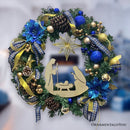 Decorous Nativity Christmas Wreath, Blue and Gold Ribbons and Poinsettias Birth of Christ Door Decoration