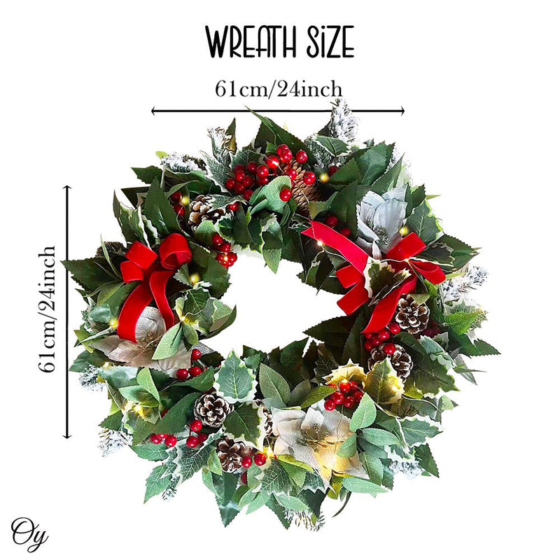 Regal Holiday Glam 24 Christmas Wreath, Prelit with Frosty Branches, Snowy Pinecones, Red Bows and Berry Clusters