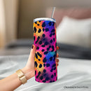 Vibrant Neon Leopard Print 20oz Personalized Tumbler With Lid and Stainless Steel Straw, Retro Rainbow Animal Pattern Gift Cup