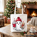 Cute Ghost Christmas Tote Bag, Adorable Gingerbread and Cocoa Holiday Gift Shopper