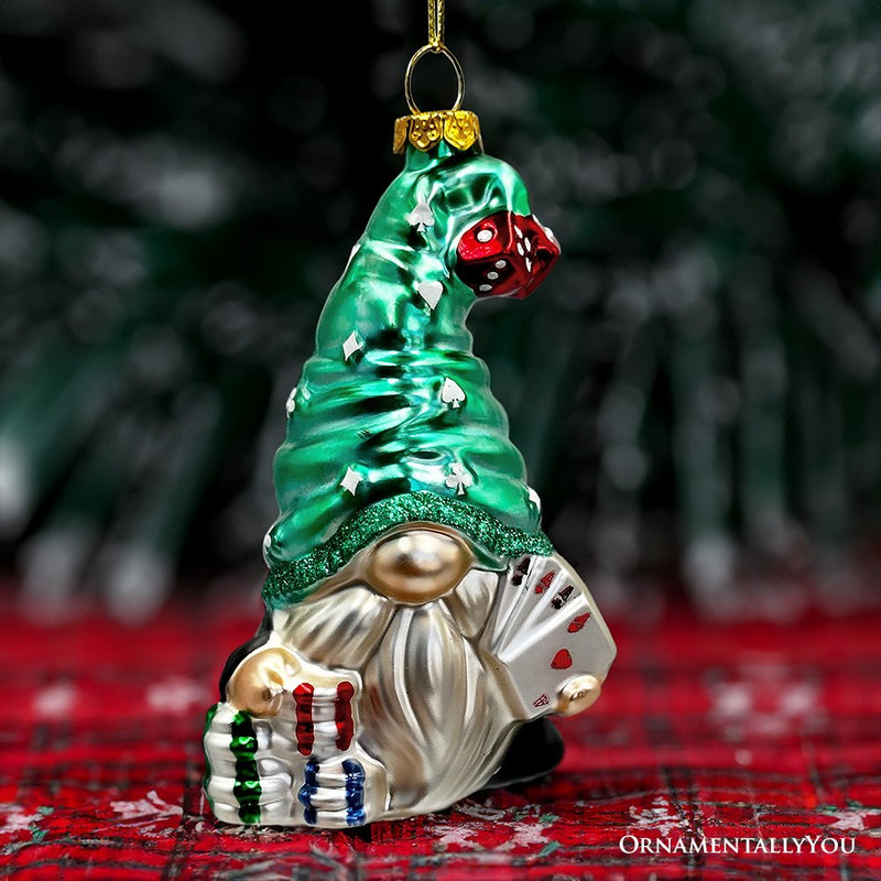 Casino Poker Gnome Glass Ornament, Cute Christmas Gambler