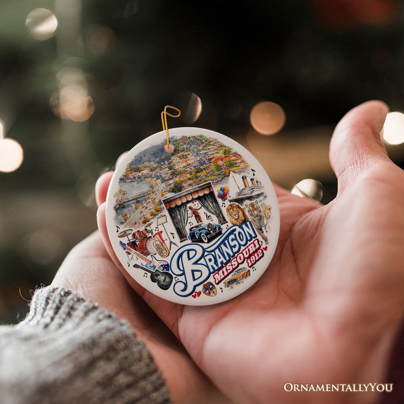 Culturally Vibrant Branson City Ceramic Ornament, Missouri Souvenir and Christmas Tree Decor