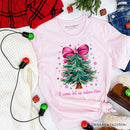 Glitter Christmas Tree Coquette Bow T‑Shirt, O Come Let Us Adore Him Holiday Tee