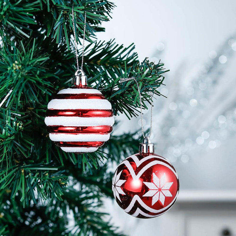 24 Red and White Ornament Balls, Assorted Christmas Glitter Baubles