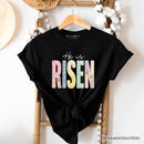 He Is Risen Printed Faux Embroidered Christian T-Shirt, Cute Religious Flowers Tee