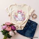 Kids Pink Bow Bathtub Ghost T-Shirt, Floral Coquette Halloween Youth Tee