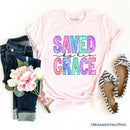Saved By His Grace Printed Faux Sequin Christian T-Shirt, Religious Love Tee