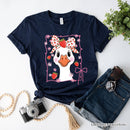 Coquette Goose with Strawberry Bow T-Shirt, Navy, Black and White Cute Tee