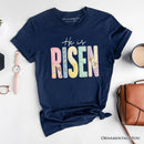 He Is Risen Printed Faux Embroidered Christian T-Shirt, Cute Religious Flowers Tee
