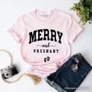Merry and Pregnant T‑Shirt, Baby Announcement Christmas Tee for New Mom